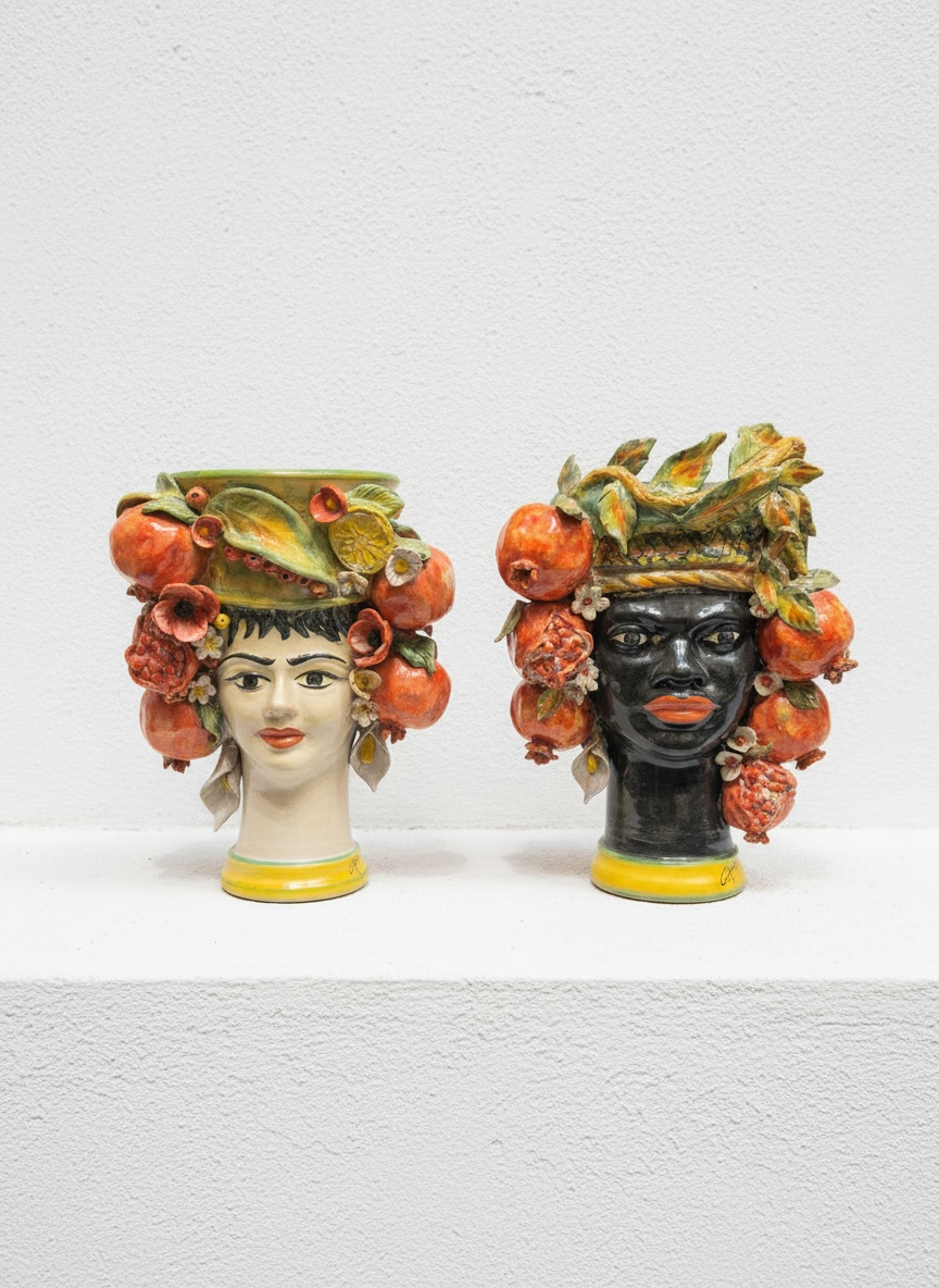 Pareja de cabezas con granadas y flores