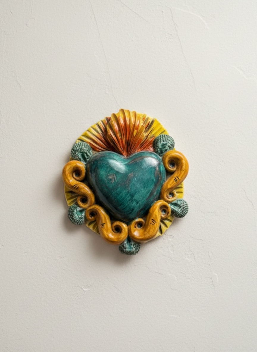 Exvoto corazón verde con marco ornamental