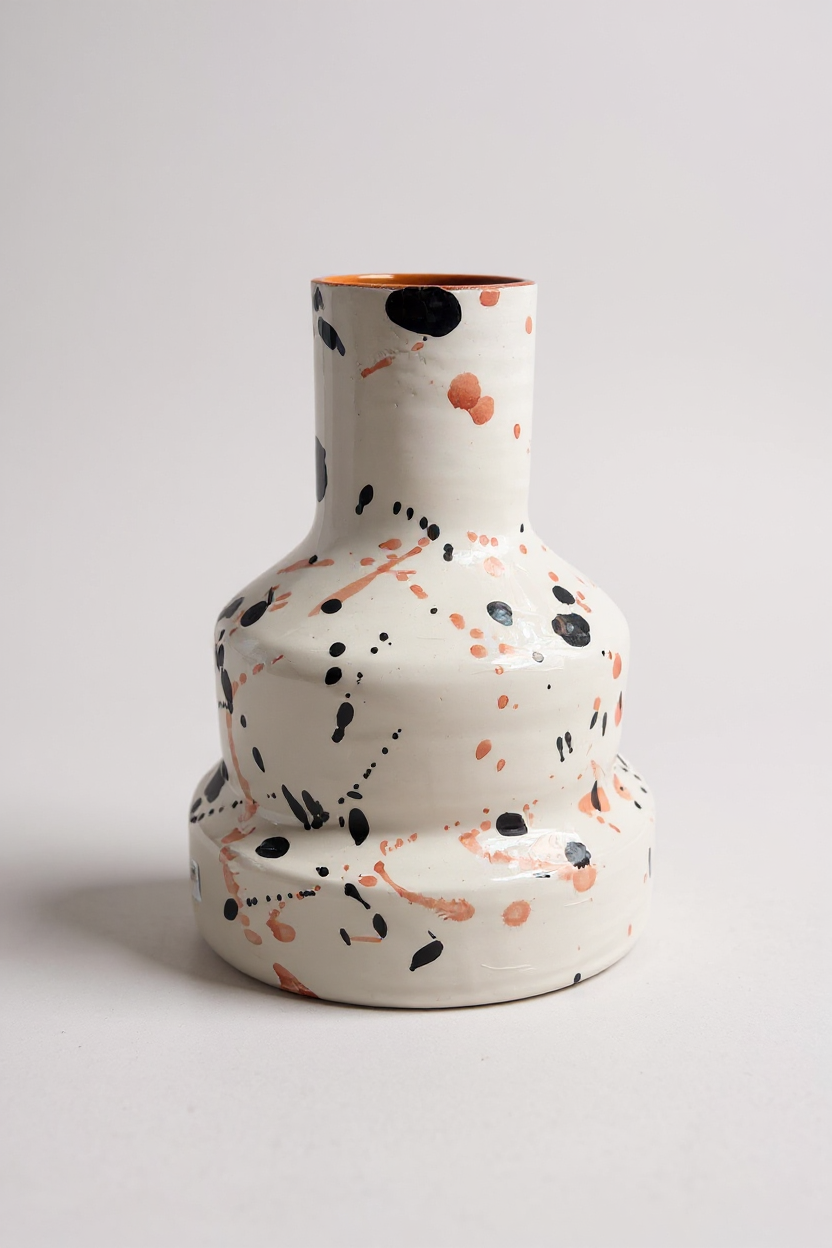 Jarrón de cerámica con salpicaduras en negro y terracota