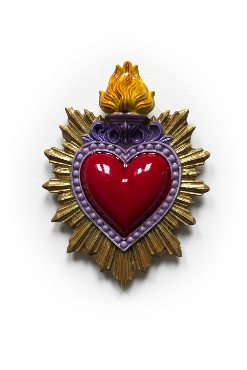 Exvoto corazón radiante · Relieve escultórico en cerámica esmaltada