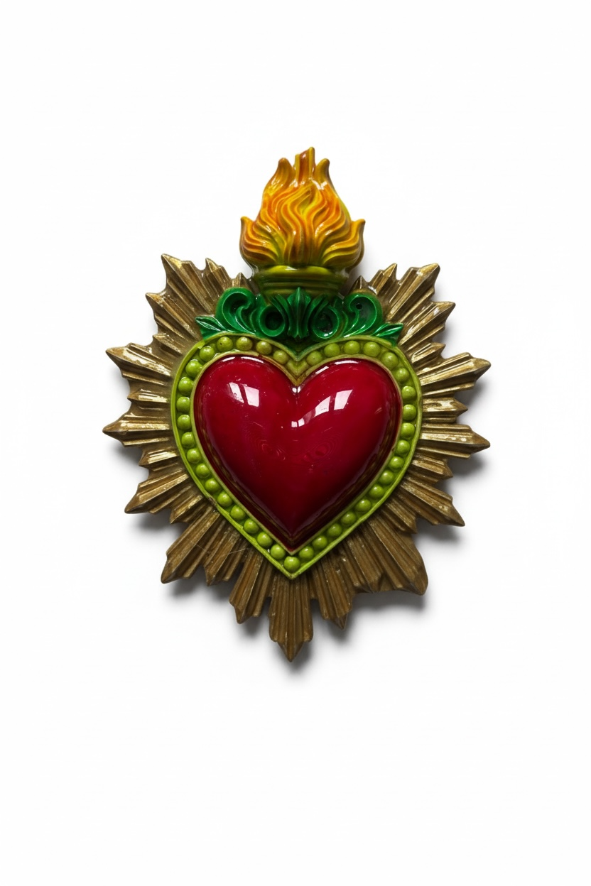Exvoto corazón radiante · Relieve escultórico en cerámica esmaltada