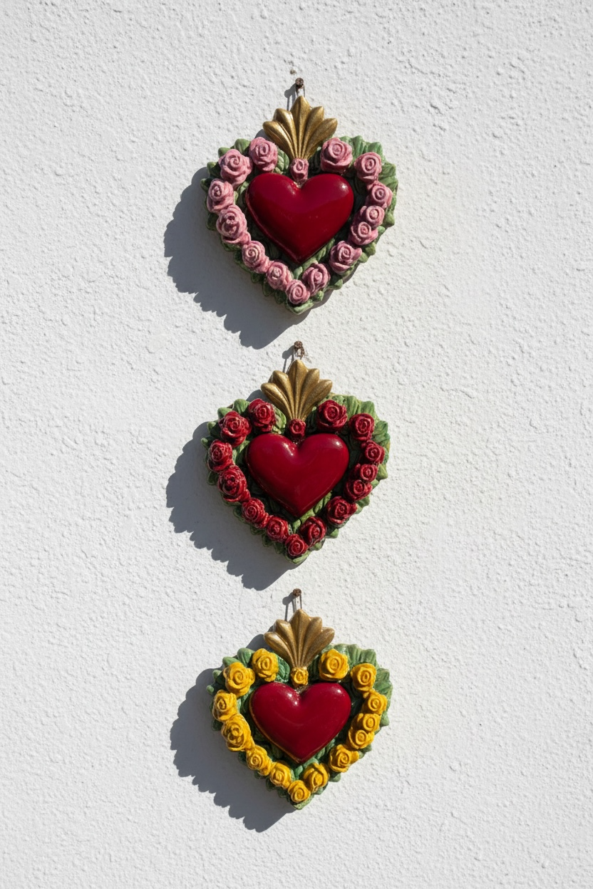 Exvoto corazón floral · Relieve escultórico en cerámica esmaltada