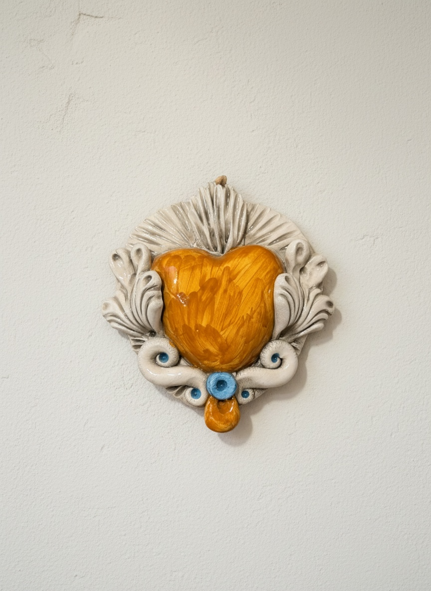 Exvoto corazón ámbar con relieve blanco