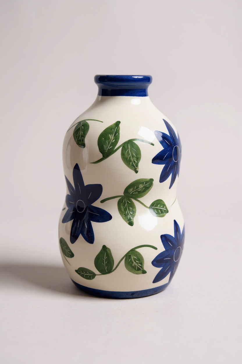 Jarrón de cerámica con flores azules