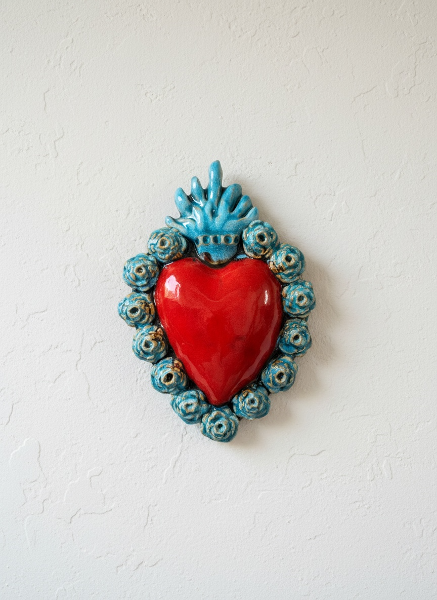 Exvoto corazón rojo con corona floral