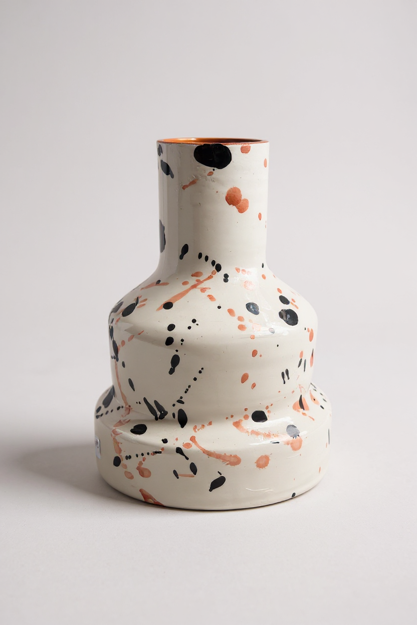 Jarrón de cerámica con salpicaduras en negro y terracota