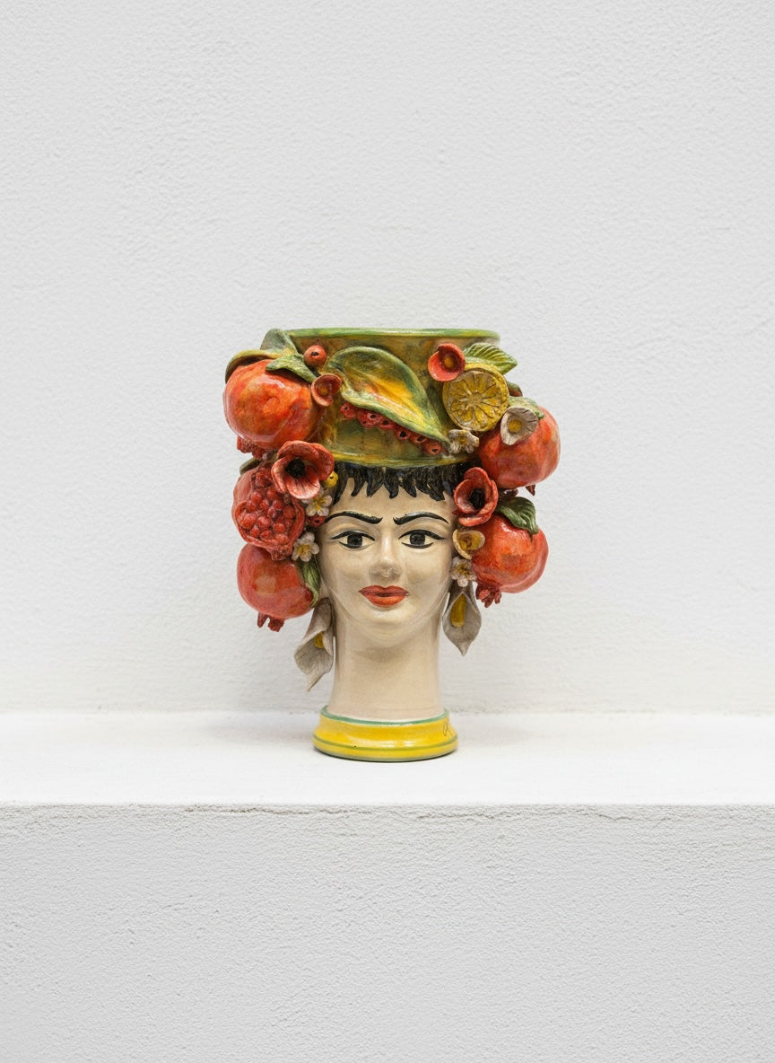 Pareja de cabezas con granadas y flores