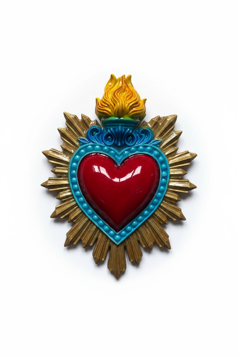 Exvoto corazón radiante · Relieve escultórico en cerámica esmaltada