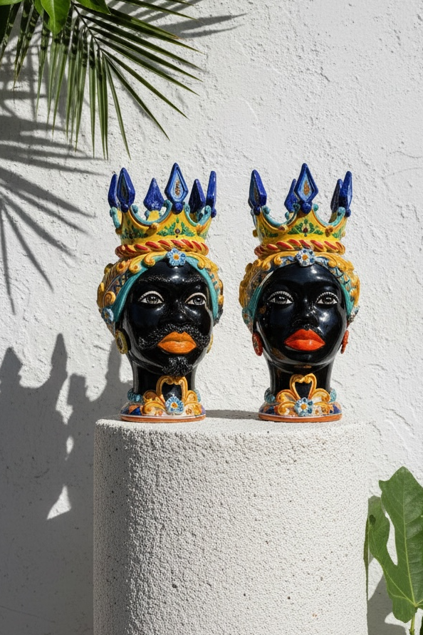 Pareja de cabezas de Reyes con corona azul