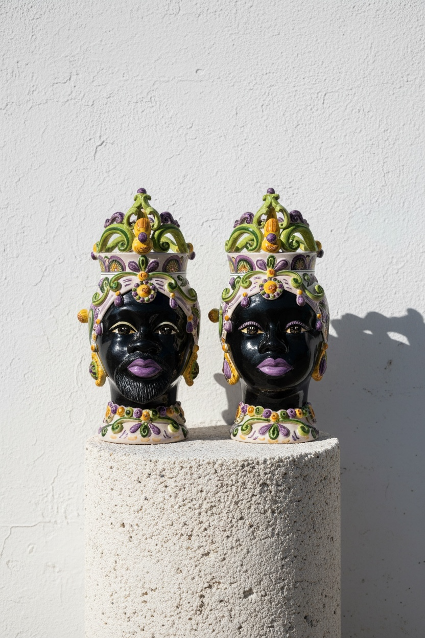 Pareja de cabezas de Reyes con corona violeta y verde