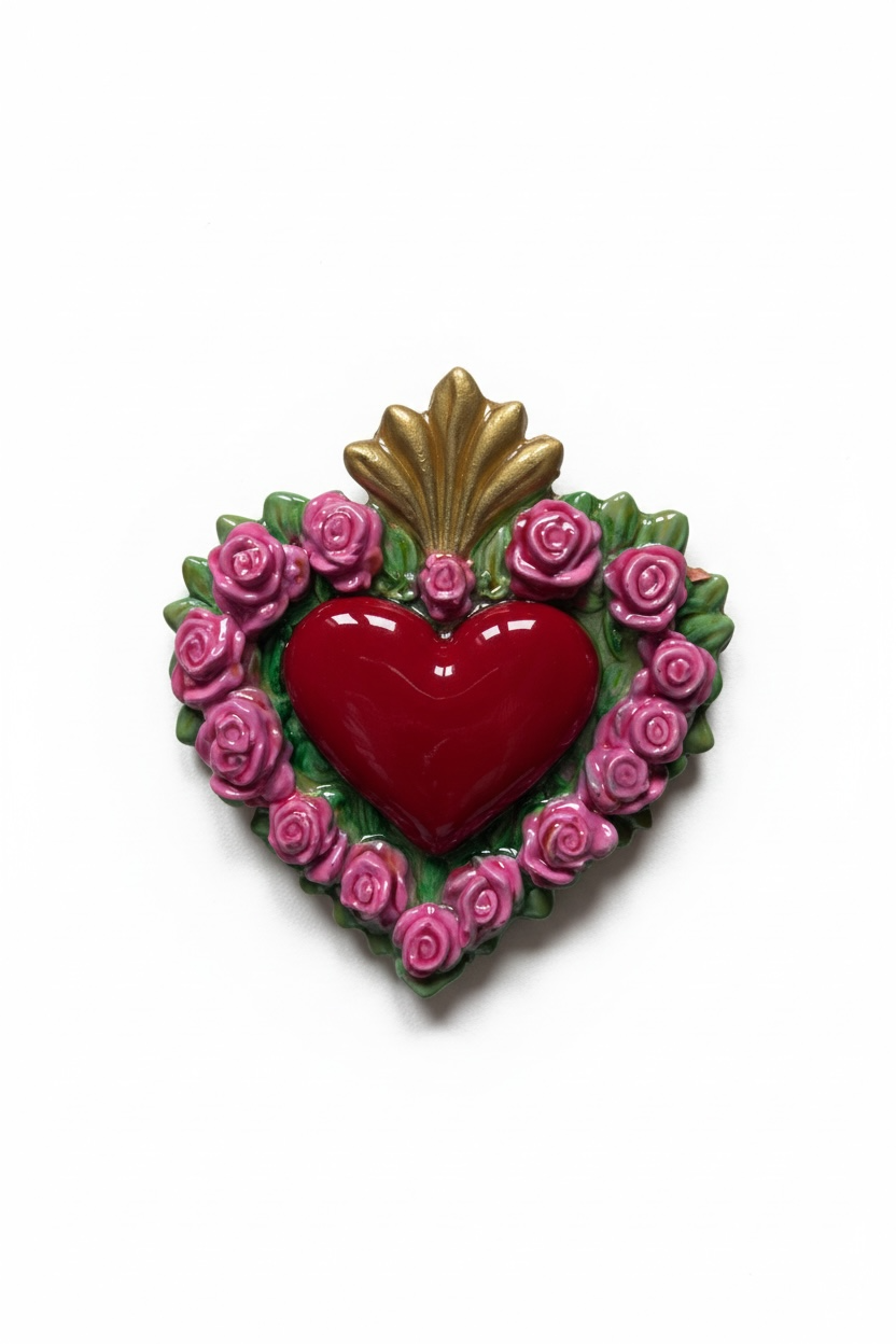 Exvoto corazón floral · Relieve escultórico en cerámica esmaltada