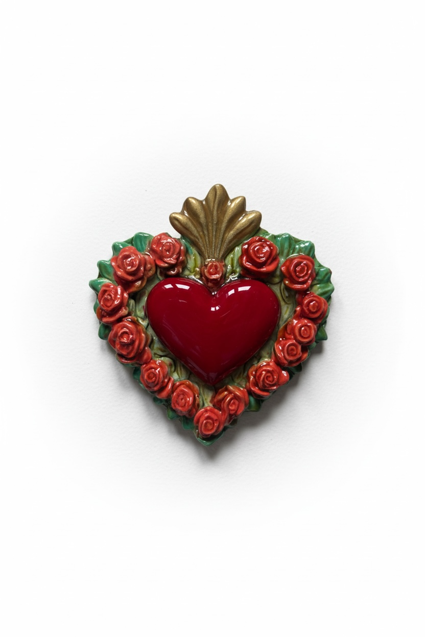 Exvoto corazón floral · Relieve escultórico en cerámica esmaltada