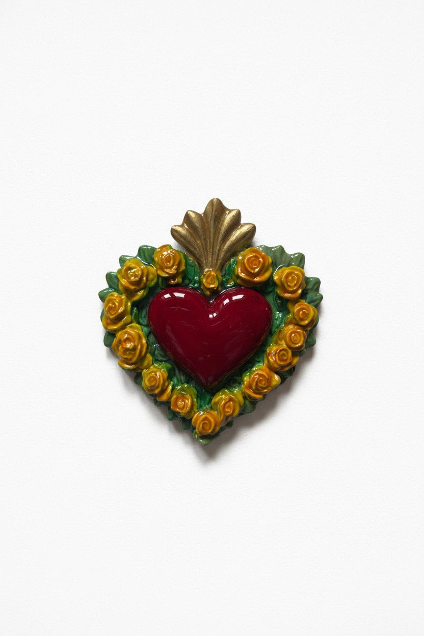 Exvoto corazón floral · Relieve escultórico en cerámica esmaltada