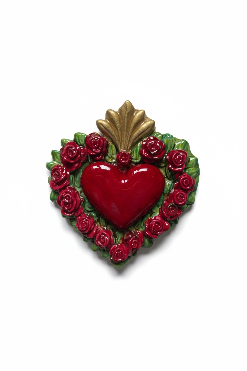 Exvoto corazón floral · Relieve escultórico en cerámica esmaltada