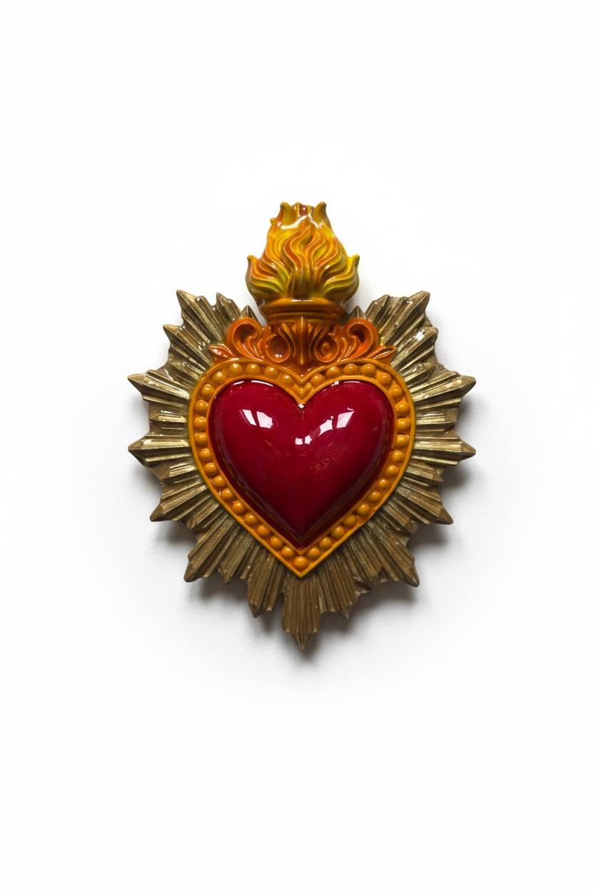 Exvoto corazón radiante · Relieve escultórico en cerámica esmaltada