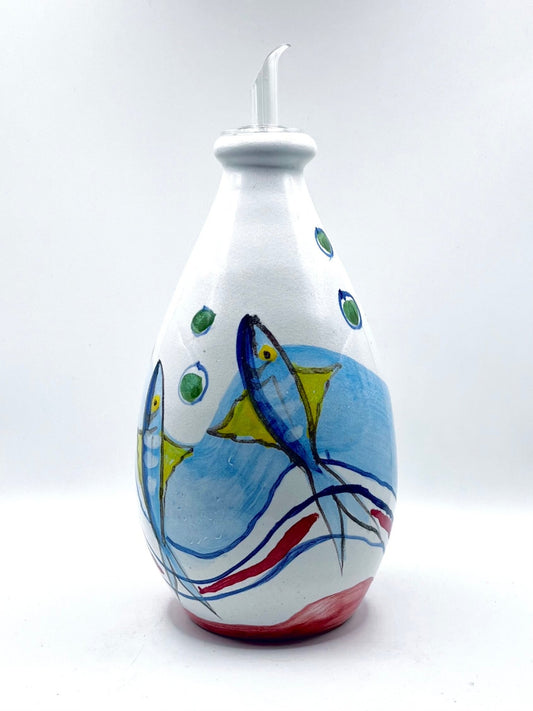 Aceitera pintada con peces - azul 1 - moruecoceramicas