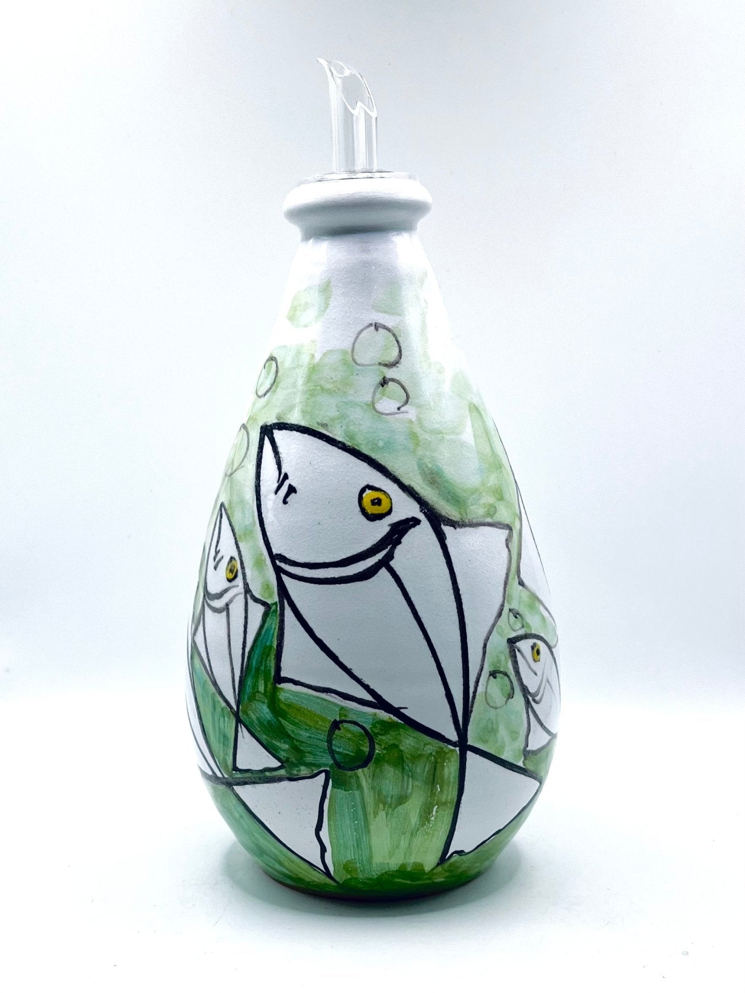 Aceitera pintada con peces - verde - moruecoceramicas