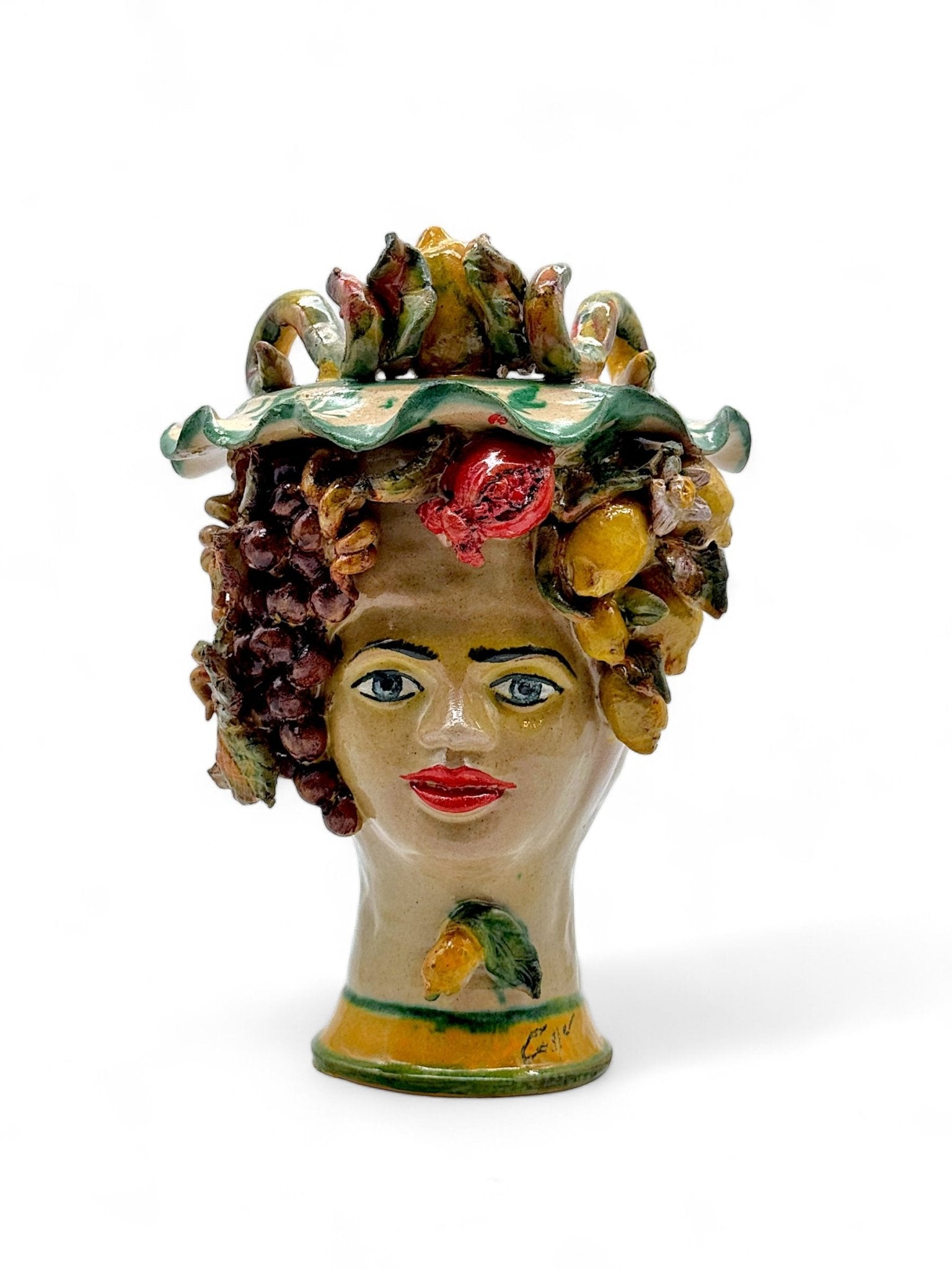 Cabeza de mujer con flores, frutas y pendientes (Lámpara) - Morueco Selección - moruecoceramicas