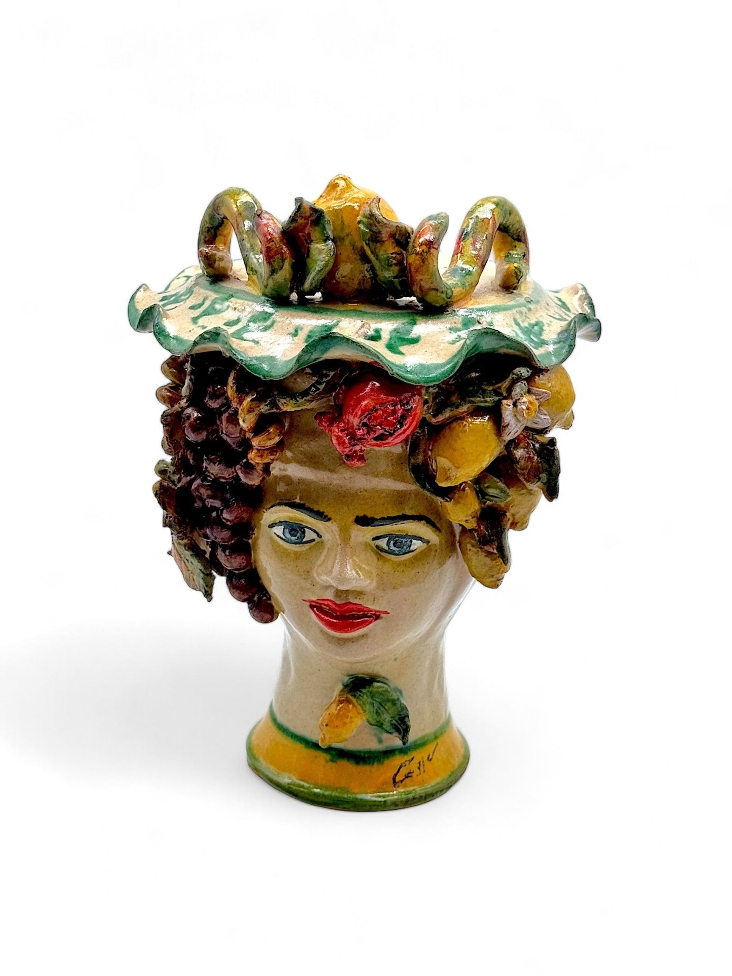 Cabeza de mujer con flores, frutas y pendientes (Lámpara) - Morueco Selección - moruecoceramicas