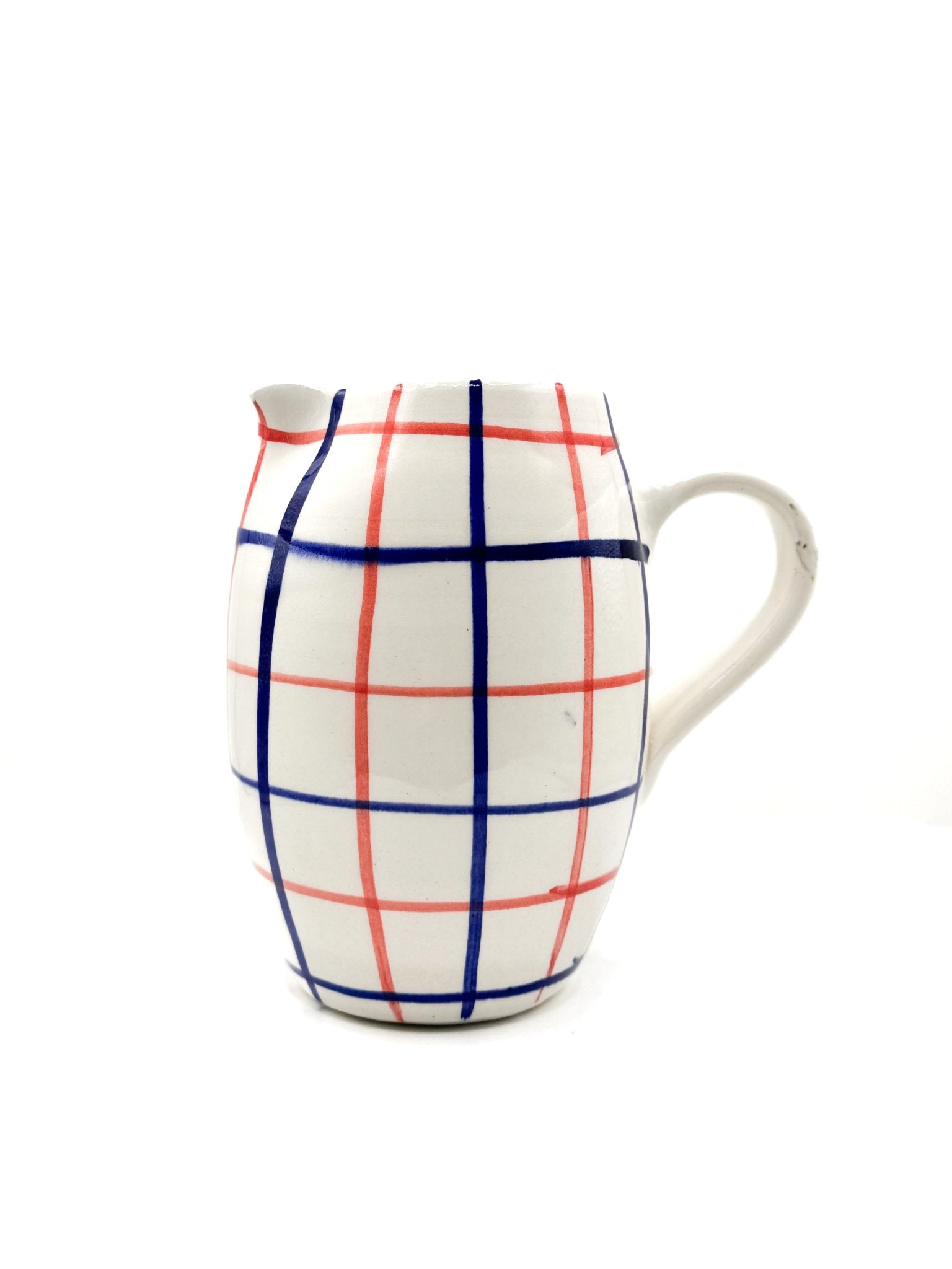 Jarra lechera barril cuadros azul y naranja - moruecoceramicas