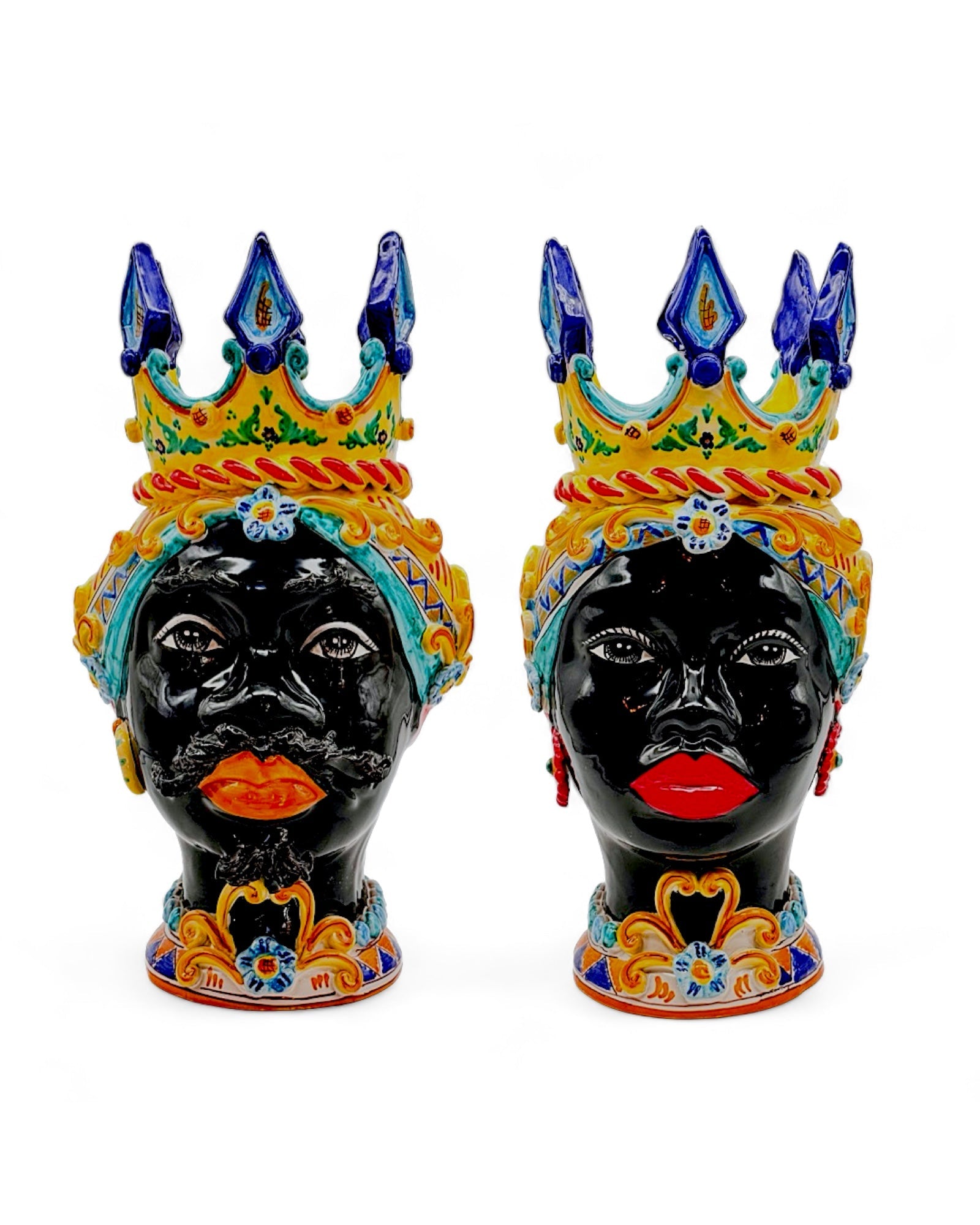 Pareja de cabezas de Reyes con corona azul - moruecoceramicas