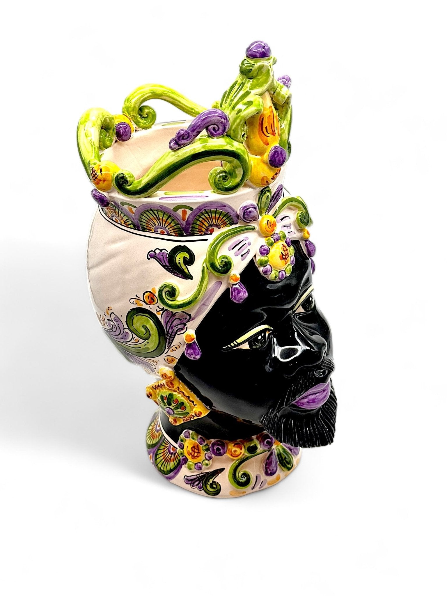 Pareja de cabezas de Reyes con corona violeta y verde - moruecoceramicas