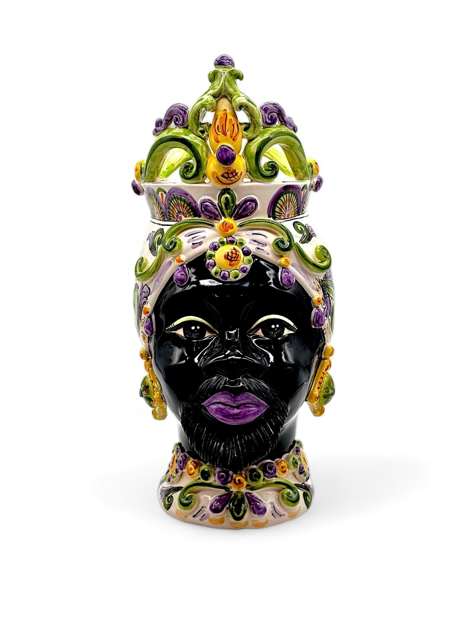 Pareja de cabezas de Reyes con corona violeta y verde - moruecoceramicas