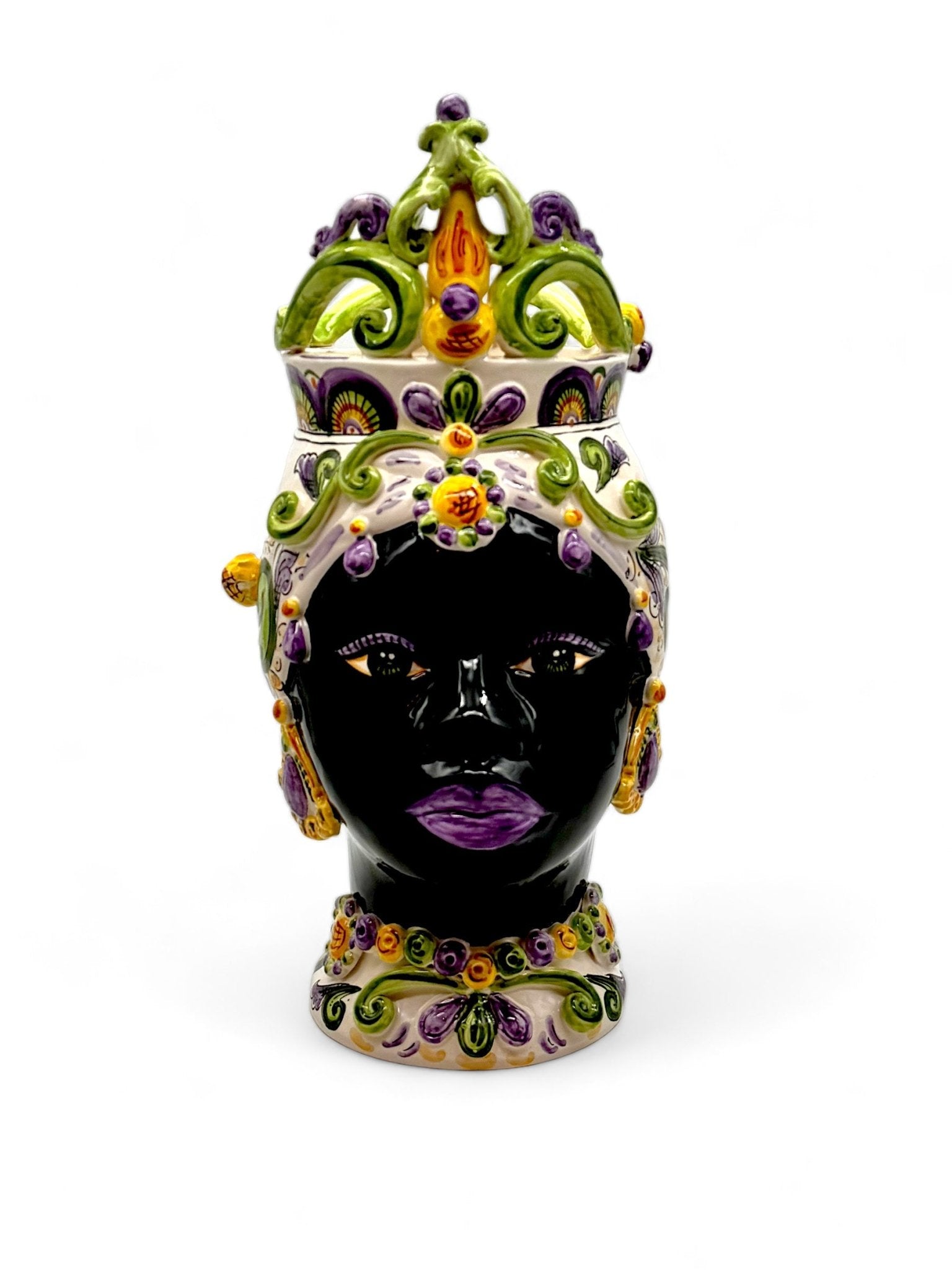Pareja de cabezas de Reyes con corona violeta y verde - moruecoceramicas