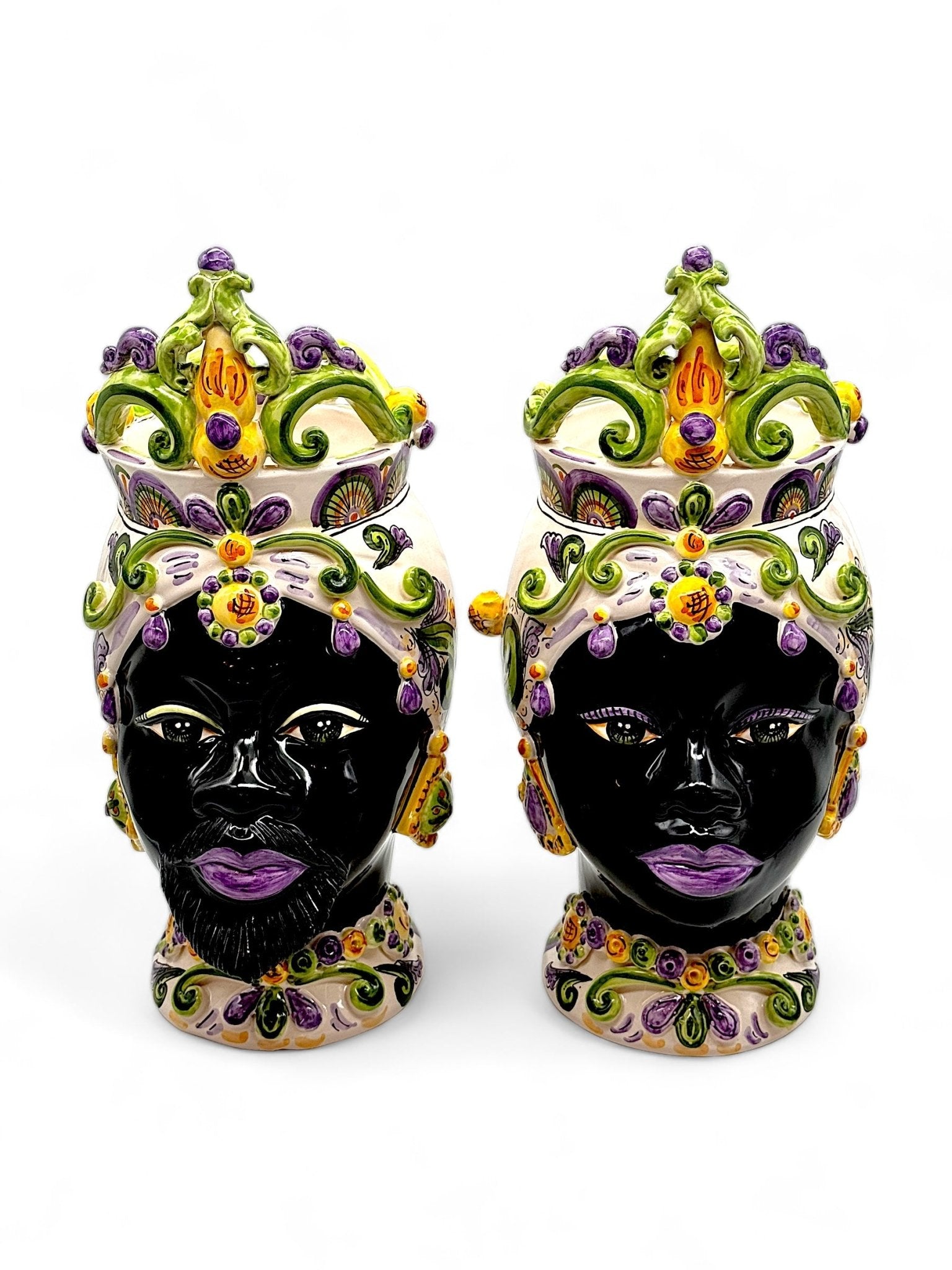 Pareja de cabezas de Reyes con corona violeta y verde - moruecoceramicas