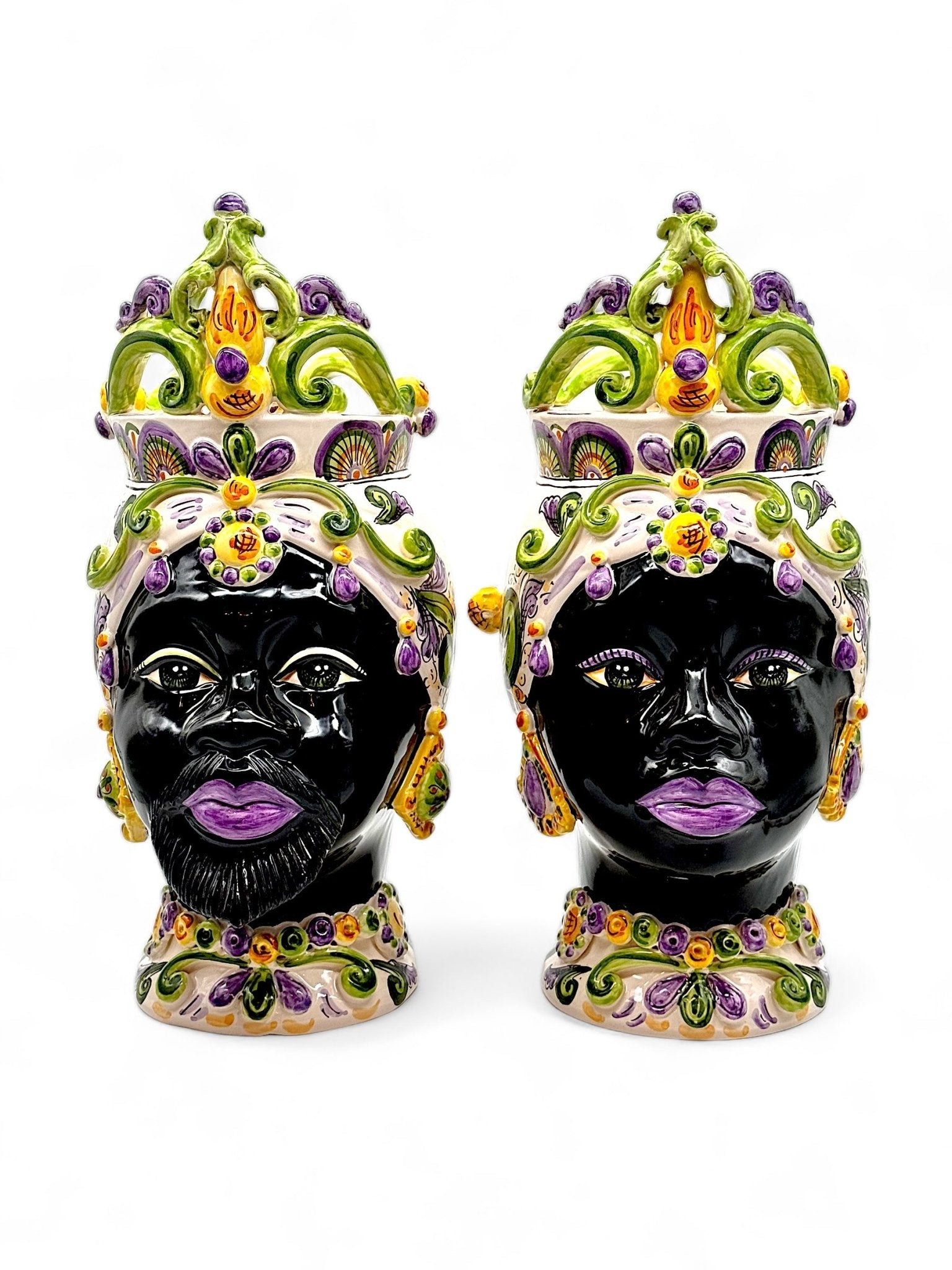 Pareja de cabezas de Reyes con corona violeta y verde - moruecoceramicas
