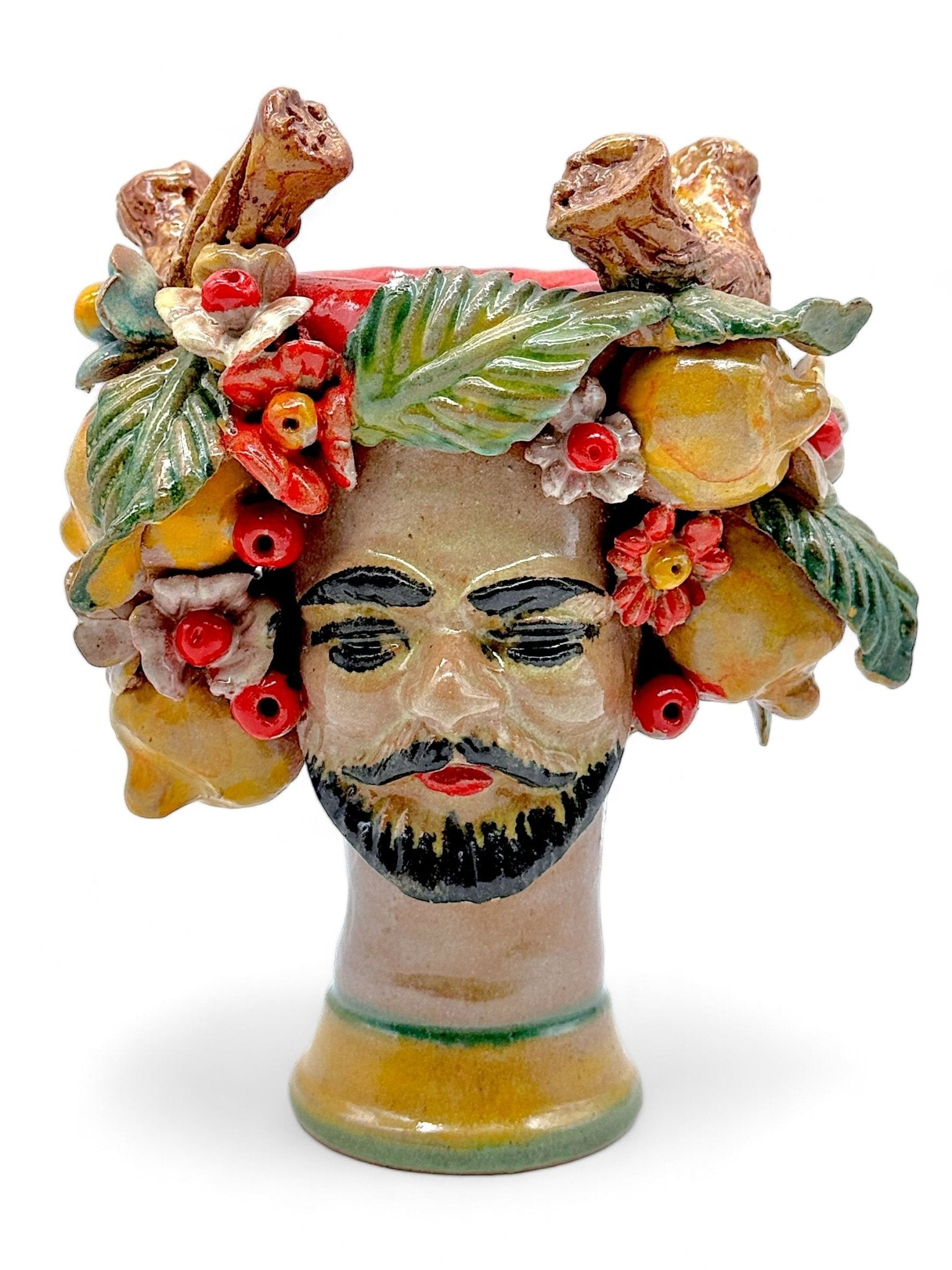 Pareja de Cabezas decoradas con frutas, troncos y flores - Morueco Selección - moruecoceramicas