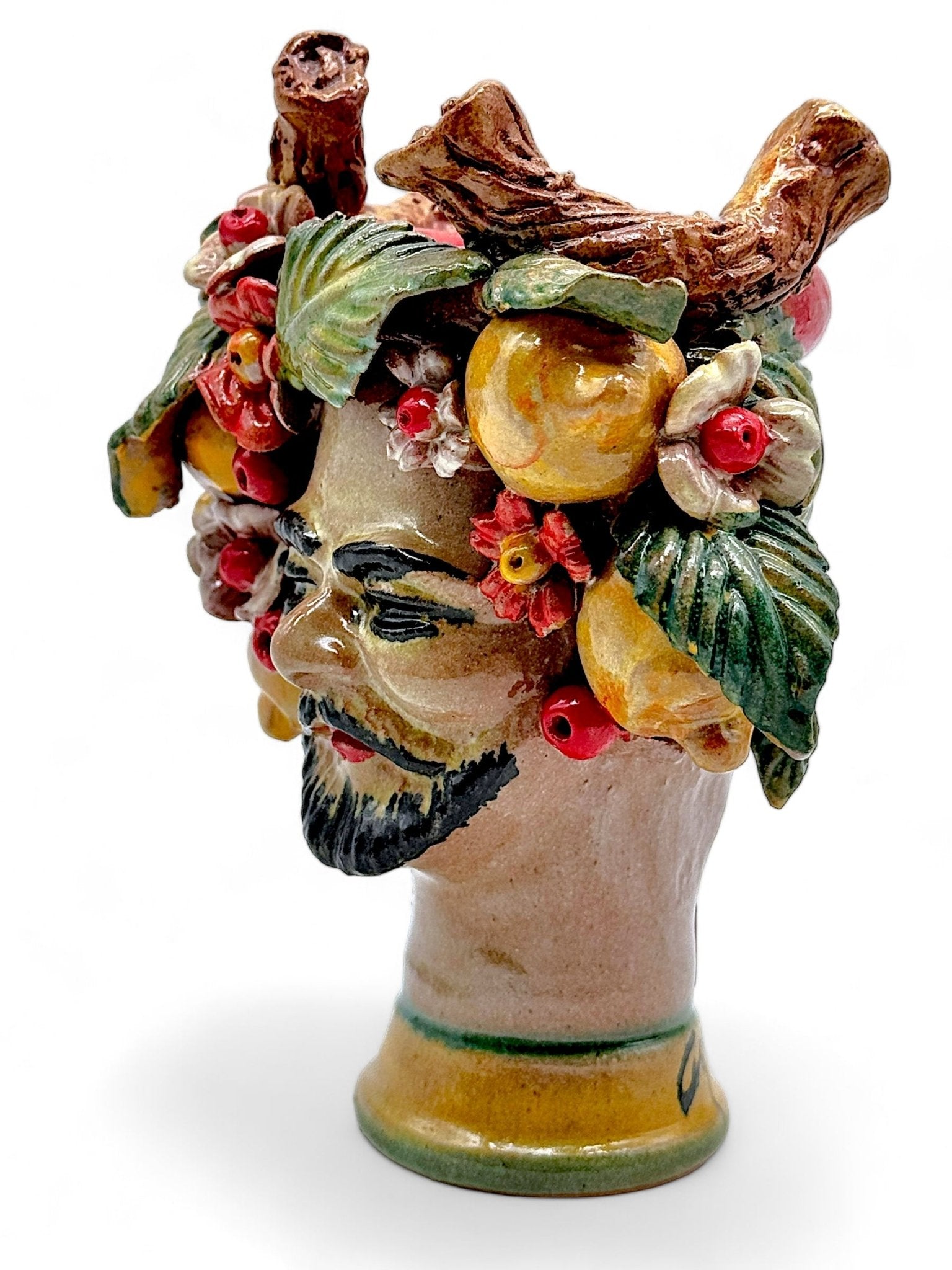 Pareja de Cabezas decoradas con frutas, troncos y flores - Morueco Selección - moruecoceramicas